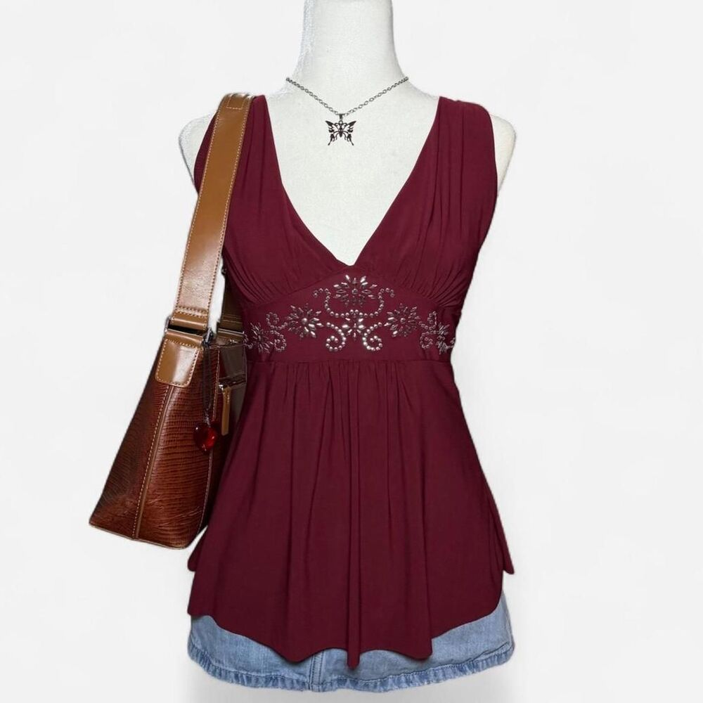 Vintage Y2K Whimsygoth Burgundy Studded Babydoll Top